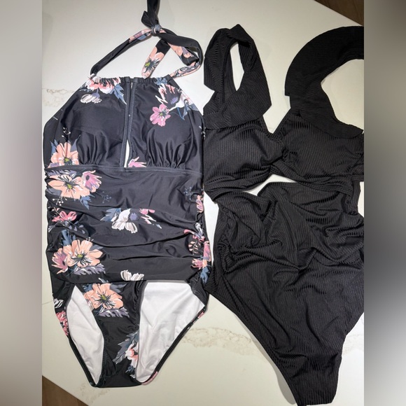 🥳🥳2 FOR 1 Charmo Ruffle UPF Maternity Suit Cutout Ruched & Black Flowered, L - Picture 2 of 16